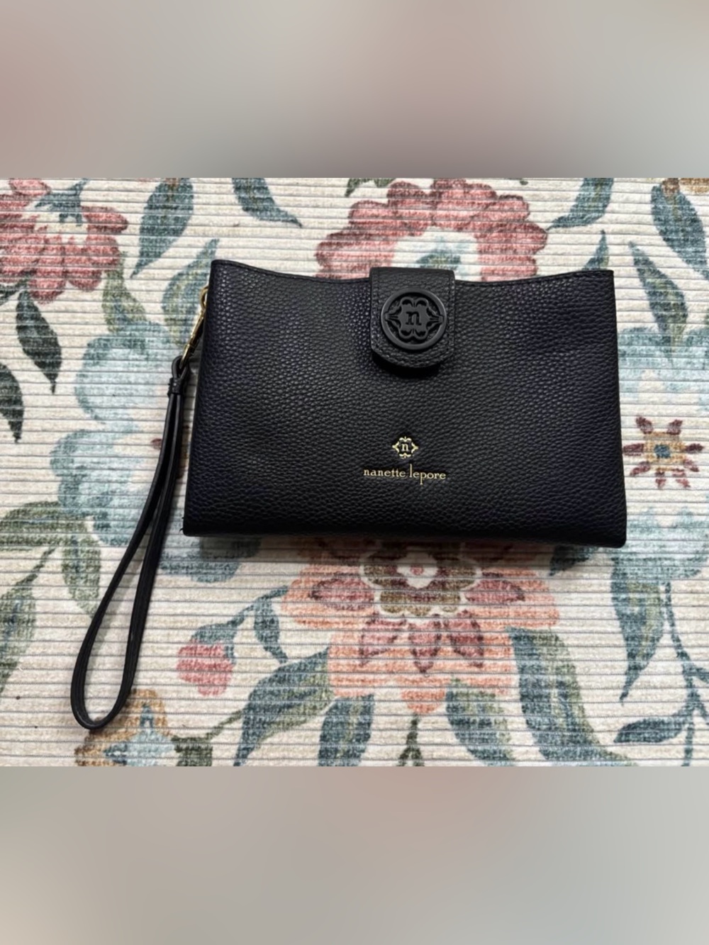 Nanette Lepore Black Pebbled Leather Wristlet with Logo Snap